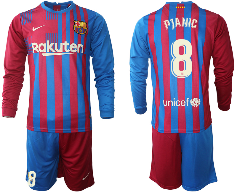 Men 2021-2022 Club Barcelona home red blue Long Sleeve #8 Nike Soccer Jersey->barcelona jersey->Soccer Club Jersey